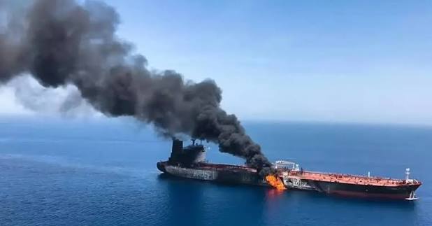 Oil tanker explodes after hitting a mine in Hormuz.